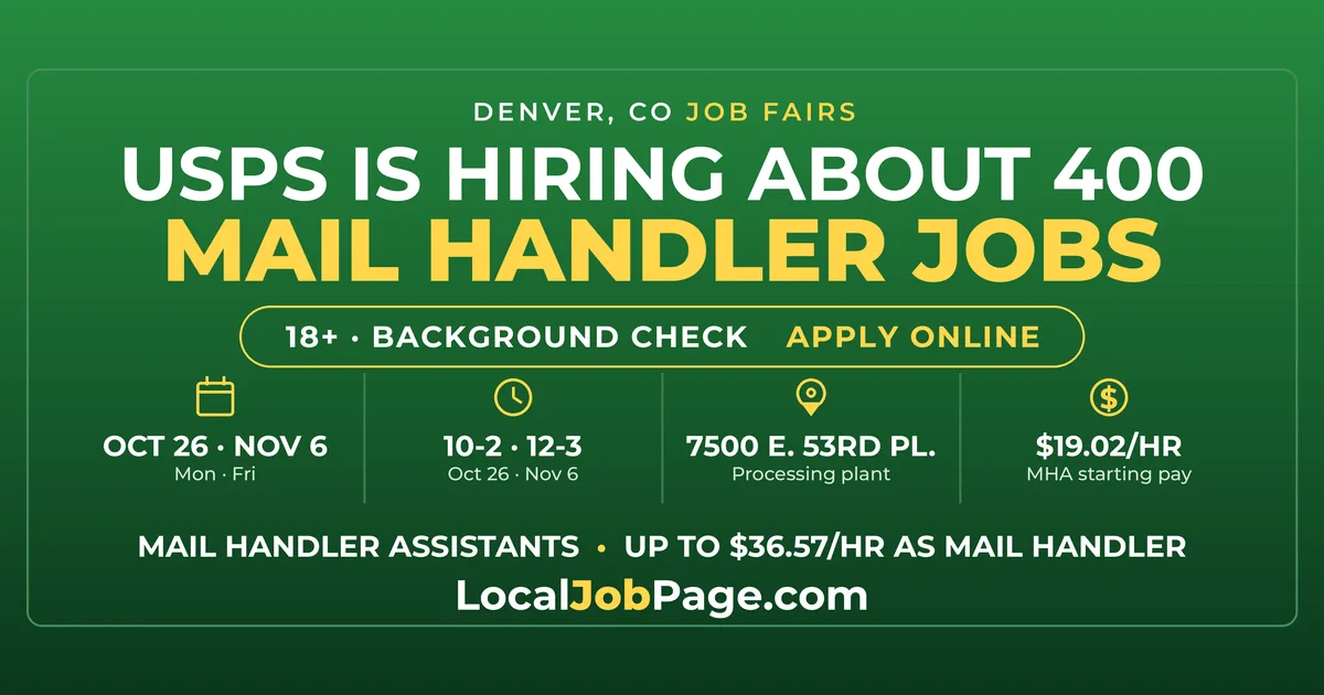 USPS Job Fairs in Denver October 26 and November 6: About 400 Mail Handler Jobs